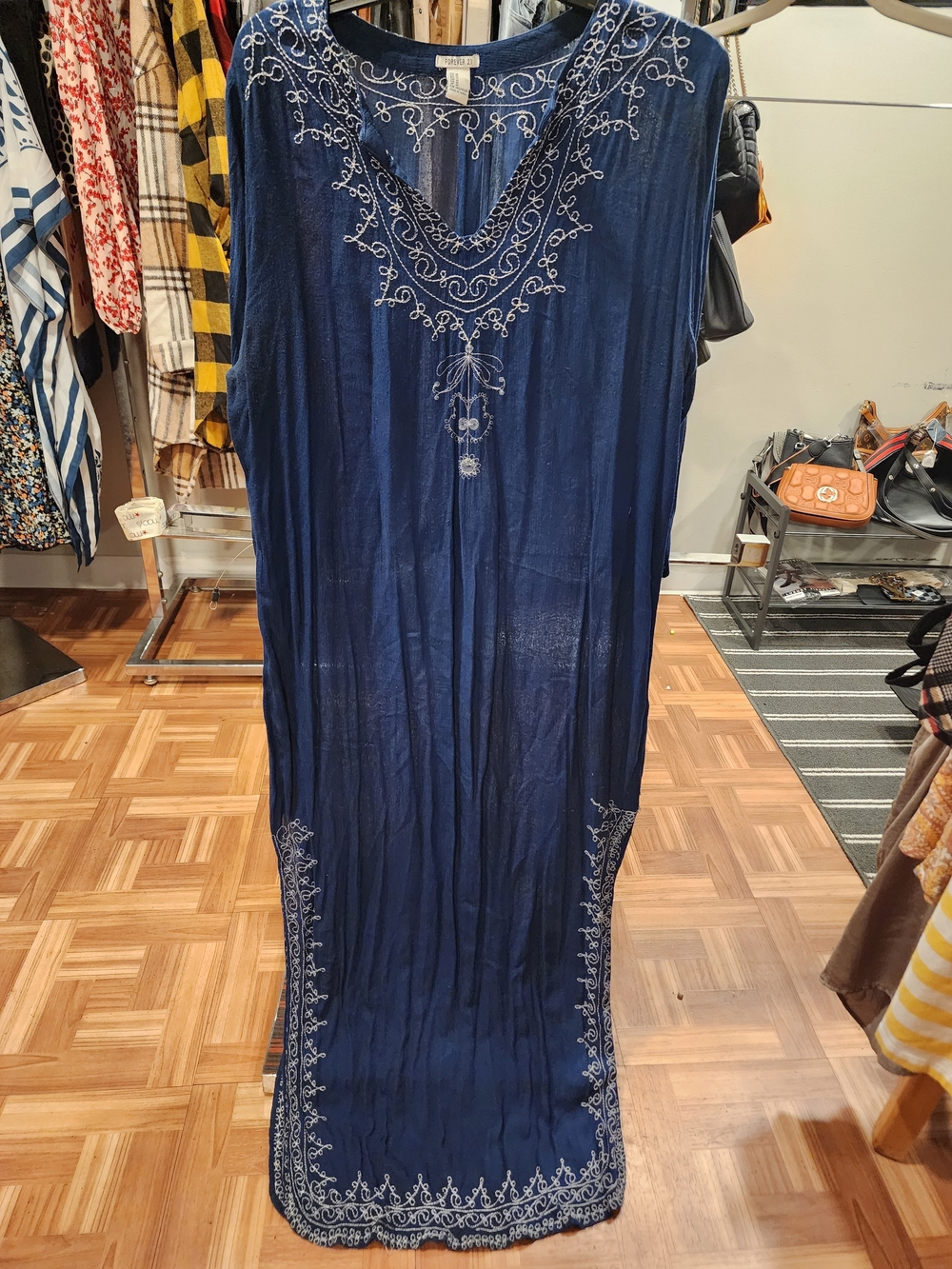 Forever 21 Navy Maxi Dress with White Embroidery